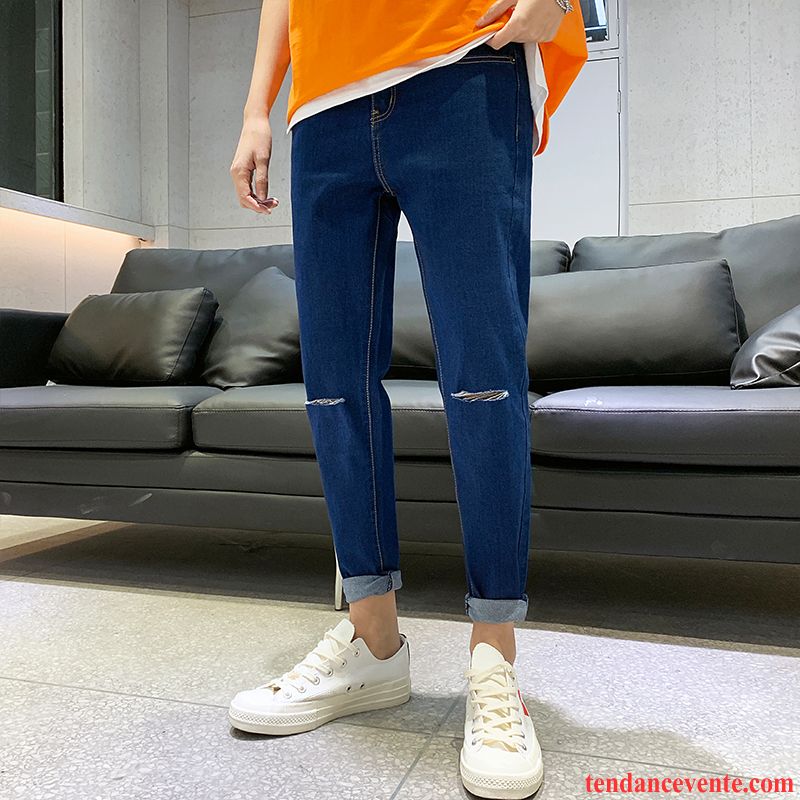 Jeans Homme Neuvième Pantalon Slim Beau Tous Les Assortis Tendance Des Trous Dans Les Jeans Bleu