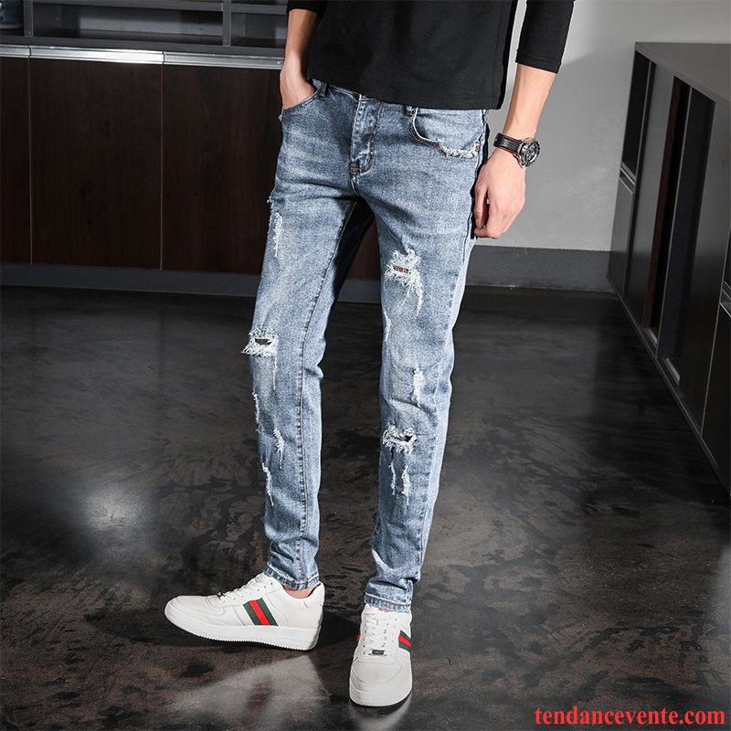 Jeans Homme Neuvième Pantalon Été Slim Légère Tendance Maigre Bleu Clair