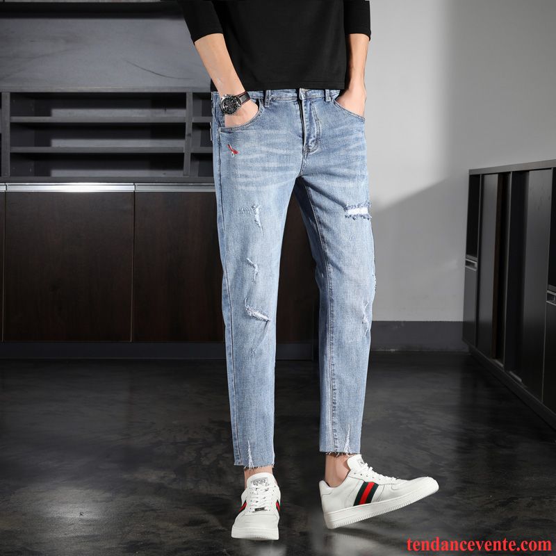 Jeans Homme Neuvième Pantalon Été Slim Légère Tendance Maigre Bleu Clair