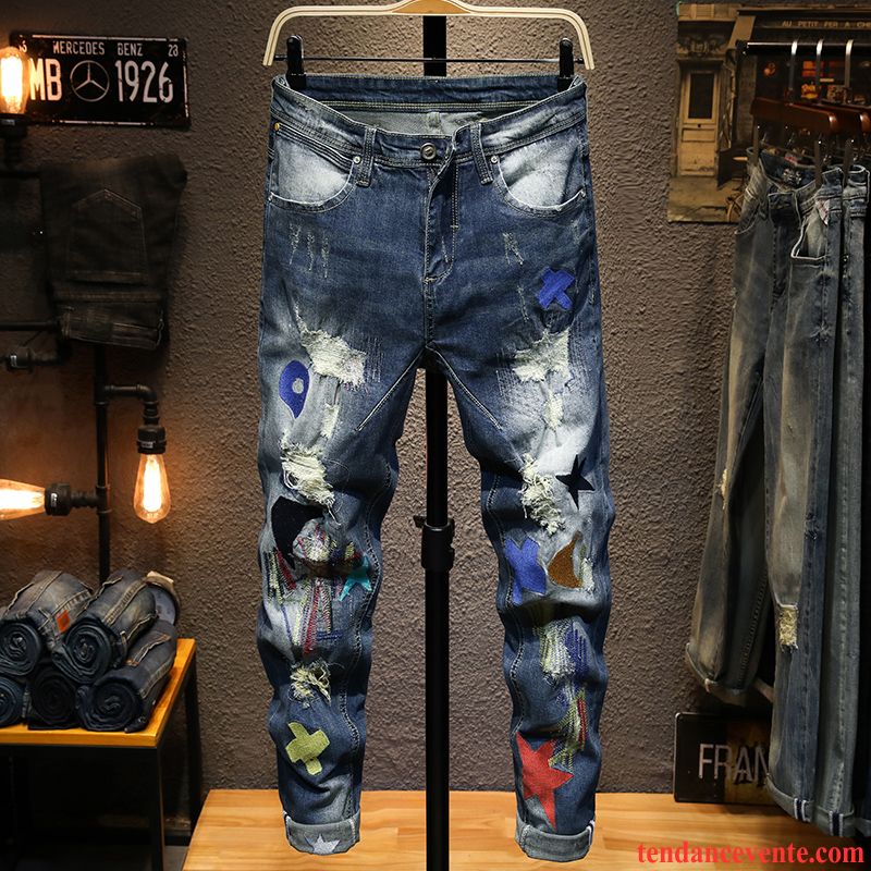 Jeans Homme Personnalité Slim Tendance L'automne Broderie Troués Bleu