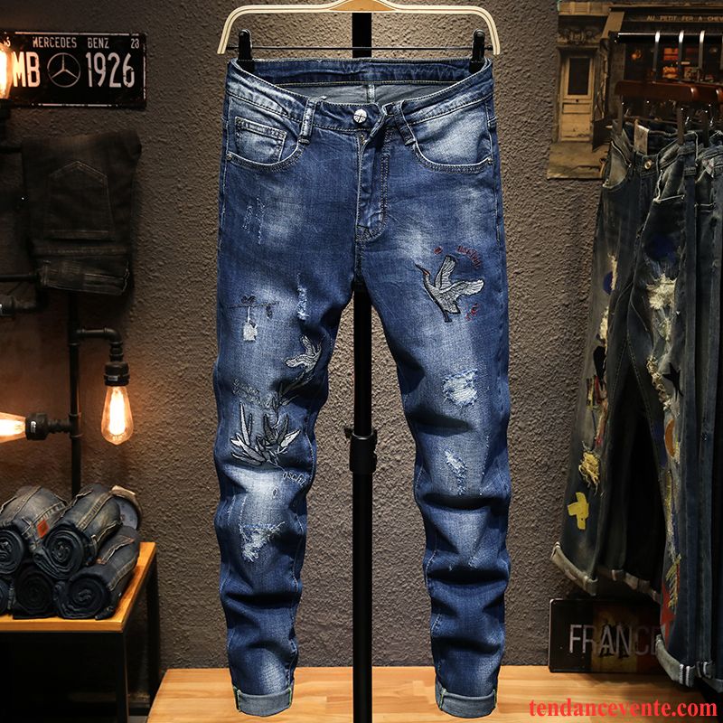 Jeans Homme Personnalité Slim Tendance L'automne Broderie Troués Bleu