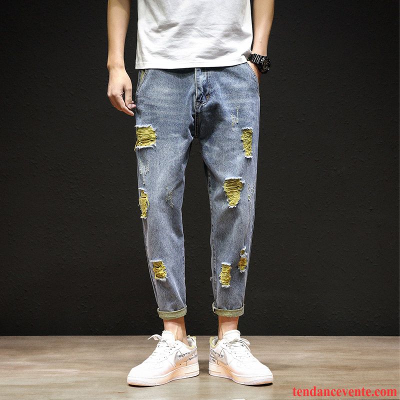 Jeans Homme Taillissime Légère Neuvième Pantalon Baggy Jambe Droite Des Trous Dans Les Jeans Jaune Clair