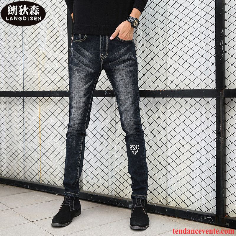 Jeans Homme Tendance Imprimé Pantalon Tous Les Assortis Jeunesse Elastique Bleu