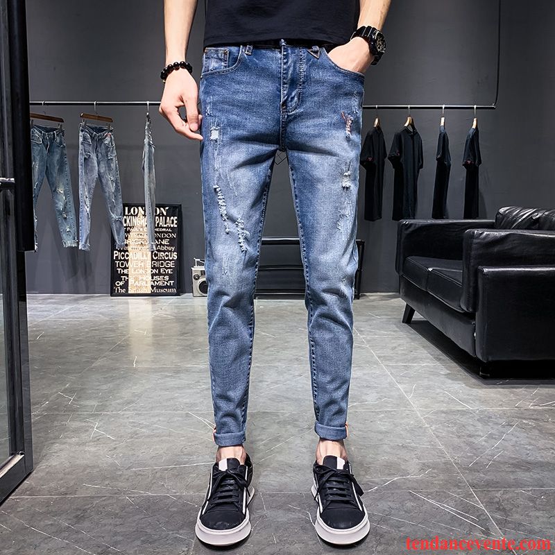 Jeans Homme Troués Extensible Tendance Printemps Été Bleu