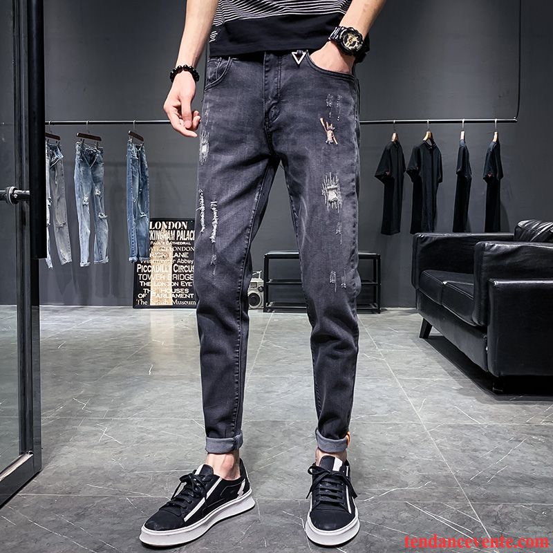 Jeans Homme Troués Extensible Tendance Printemps Été Bleu