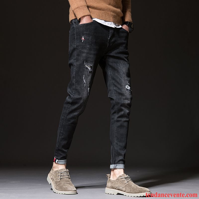 Jeans Homme Troués Pantalon Tendance Extensible Tous Les Assortis Personnalité Bleu