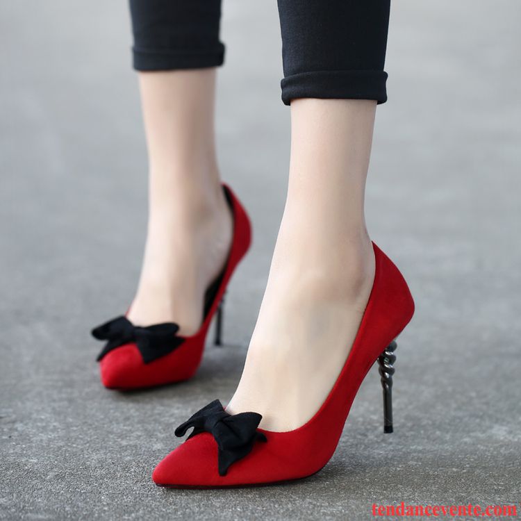 Les Escarpins Rouges Doux Derbies L'automne Femme Tempérament Talons Minces Printemps Pointe Pointue Noir Arc Rouge Jaune