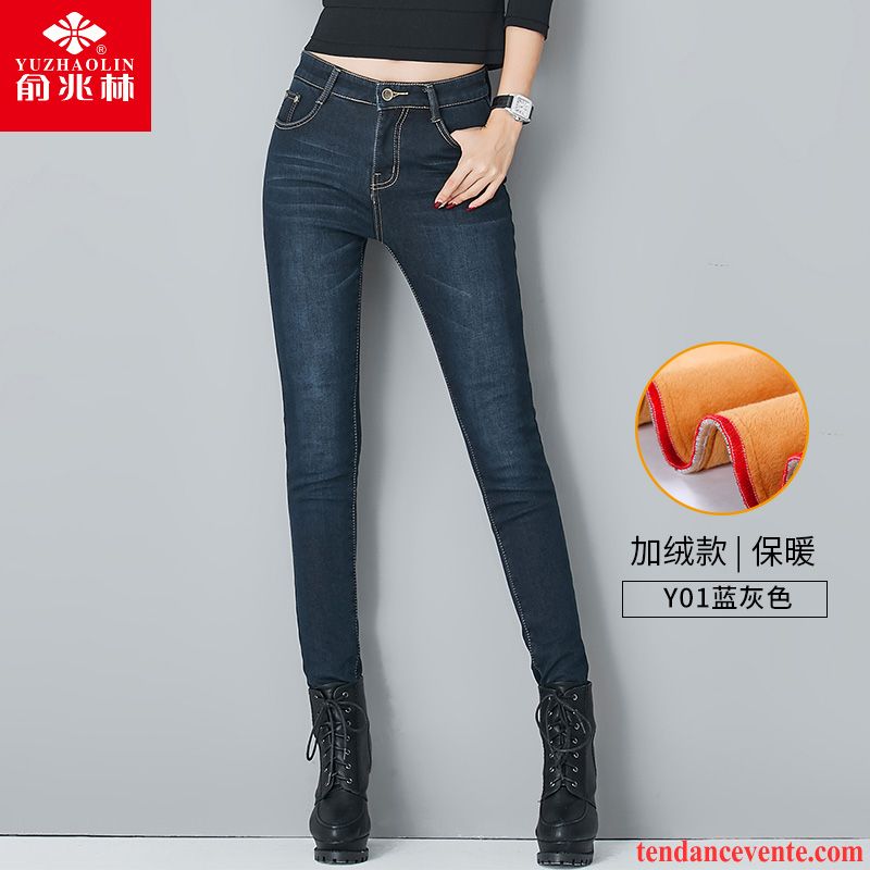 Magasin Jeans Pas Cher Hiver Tendance Mince Plus De Velours Femme Forme Haute Cintrée Maigre Noir Marron