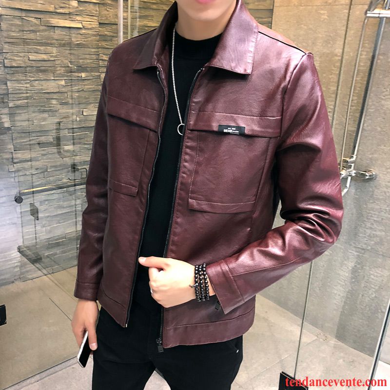 Magasin Veste Cuir Homme Slim Locomotive Tendance Jeunesse Pardessus Veste Cuir L'automne Homme Rouge Beau Argent