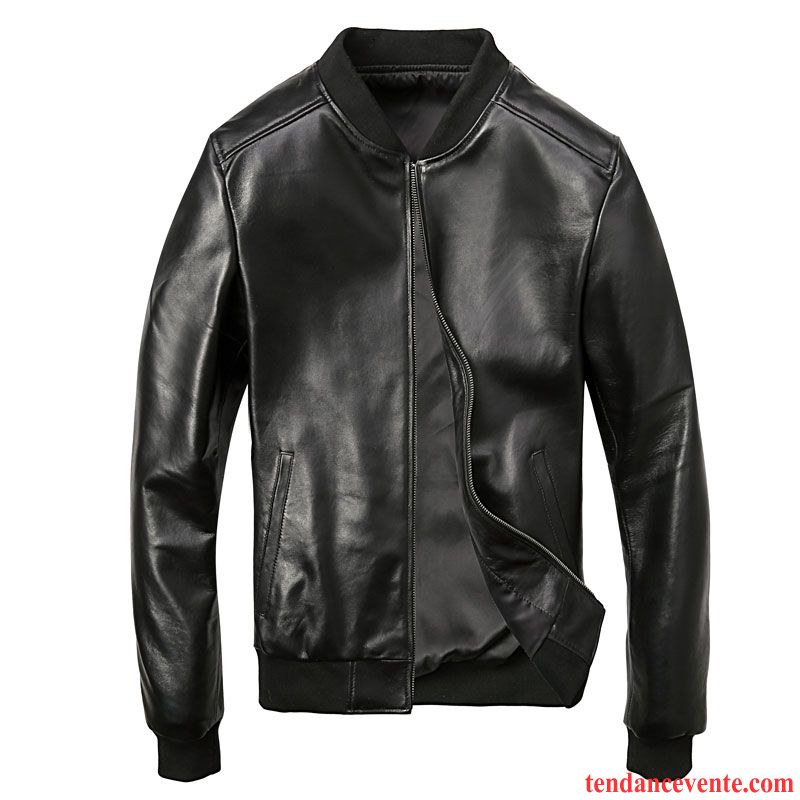 Manteau Cuir Noir Slim Cuir Véritable Peau De Mouton Homme Veste Pardessus Vêtements De Baseball Chocolat Pas Cher