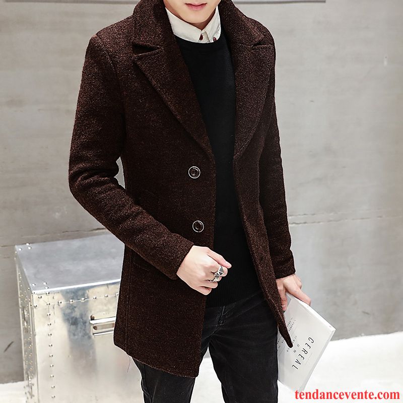 Manteau En Cuir A Capuche Homme Manteau Homme Hiver La Laine Pardessus Slim Renforcé Coupe Vent Longue Jeunesse Tendance Marron