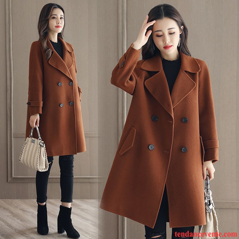 Manteau Femme Avec Manche En Cuir De Laine Longue Femme Hiver Rouge Slim Trier Les Boutons Pardessus L'automne Manteau Tendance Neige