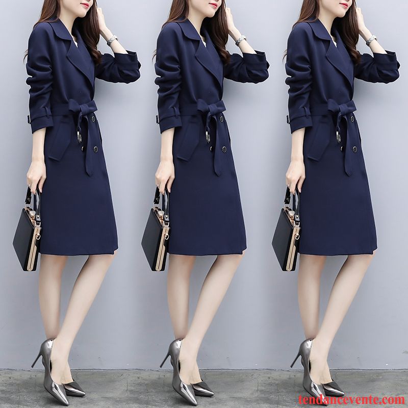 Manteau Femme Noir Femme Bleu Longue Coupe Vent Nervurées Printemps Une Veste Noir L'automne Mode Pardessus Tempérament Rouge