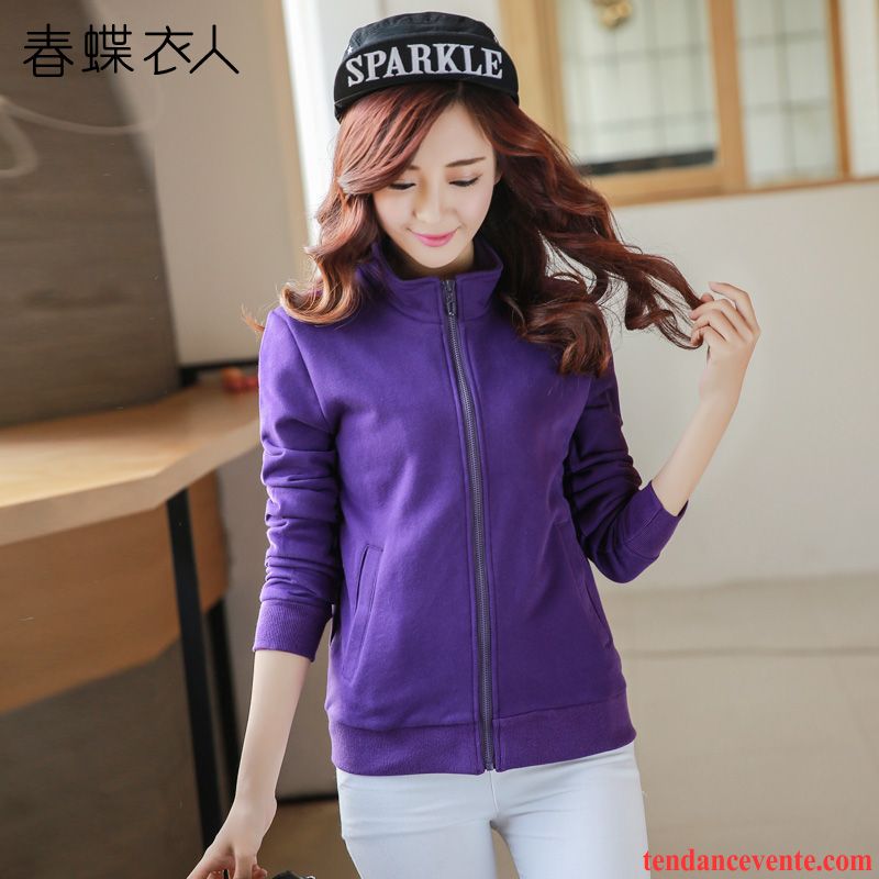 Manteau Femme Stylé Une Veste Femme Hoodies Col Mandarin Cardigan Tous Les Assortis Slim Pardessus Pure Printemps L'automne Violet