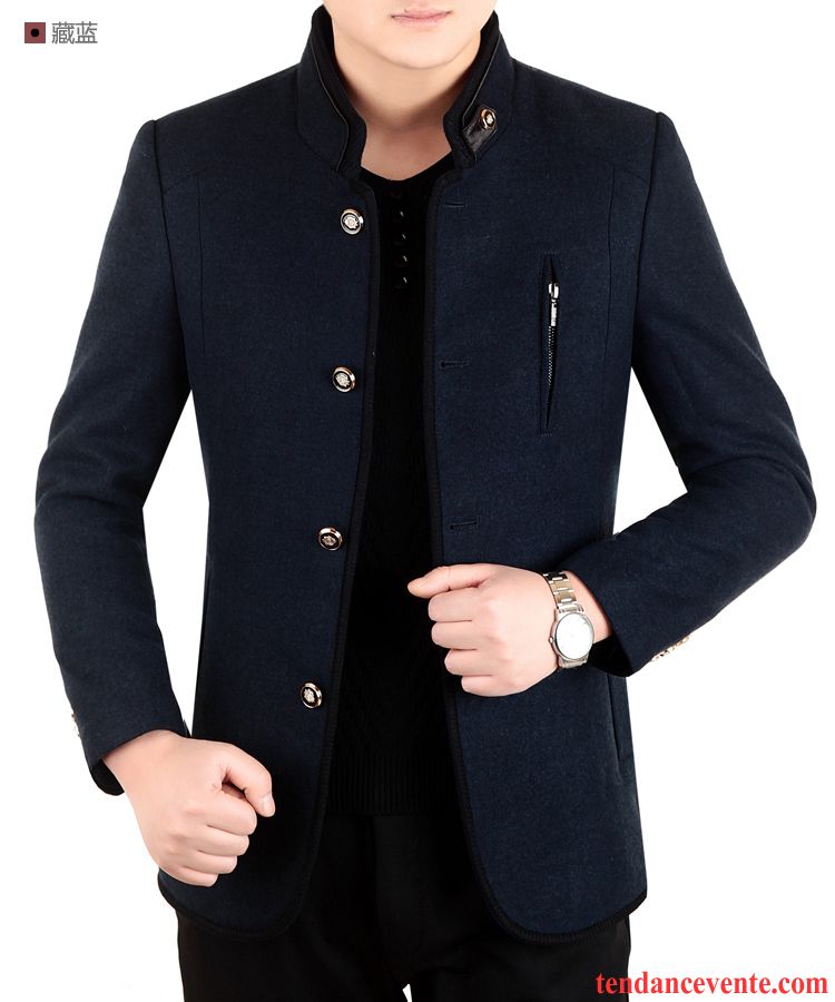 Manteau Homme A Capuche Pardessus Hiver Veste L'automne Épais Col Mandarin Homme La Laine Pas Cher