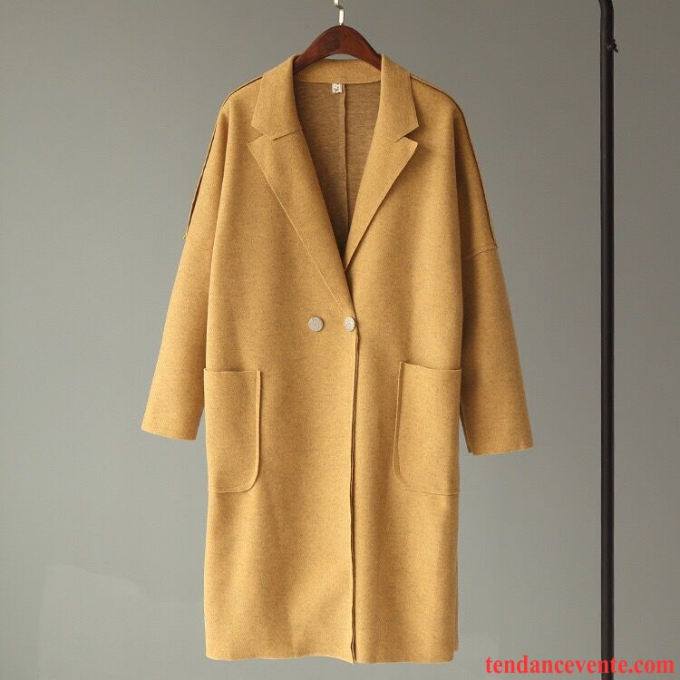 Manteau Noir Hiver Femme Pure Hiver L'automne Pardessus Longue Jaune Femme Baggy Tempérament Manteau Revers Roulé De Laine Une Veste Saphir