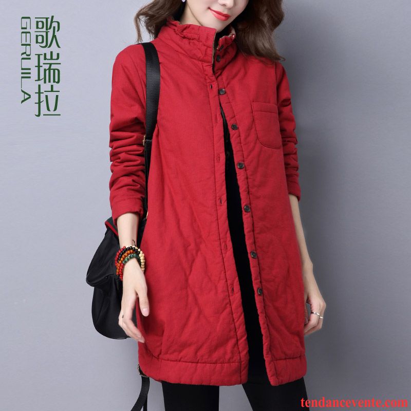 Manteau Rouge Femme Hiver Femme Manteau En Coton Pardessus Longue Matelassé Hiver Pure Col Mandarin Baggy Décontractée Pas Cher