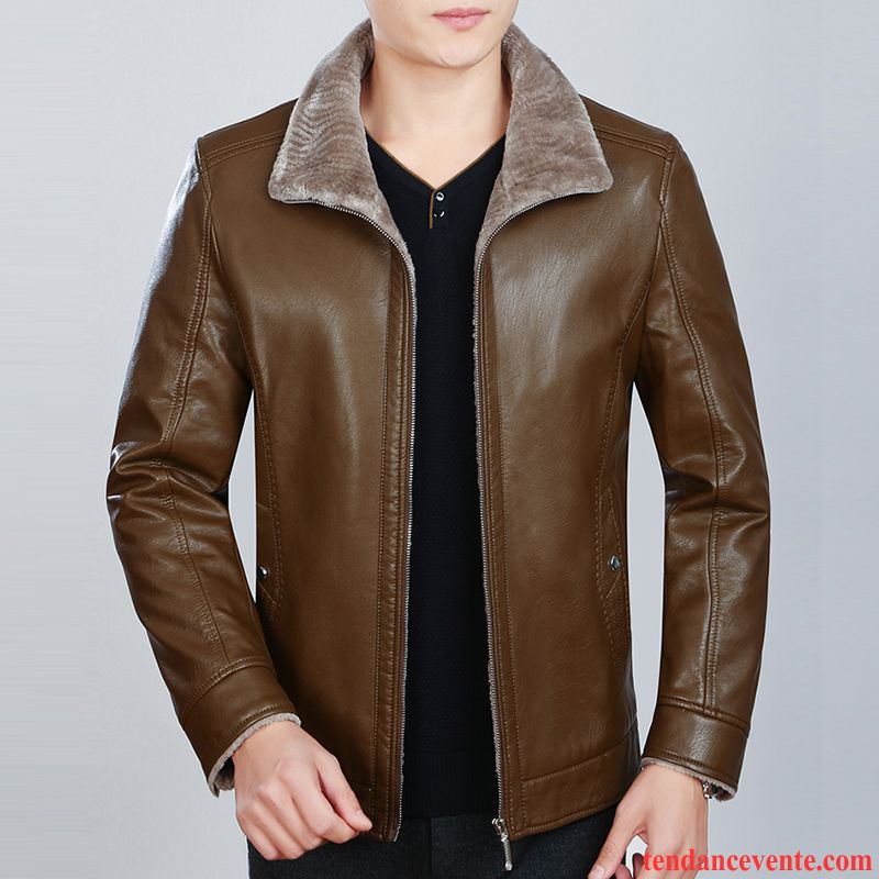 Marque Blouson Cuir Homme Plus De Velours Pu Veste Hiver Pardessus Homme L'automne Épais Marron