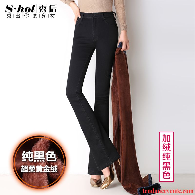 Marque De Jeans Femme Forme Haute Cintrée Femme Jambe Droite Plus De Velours Pantalon Légèrement Extensible Graisse Mince Slim Noir Taillissime Bordeaux Pas Cher