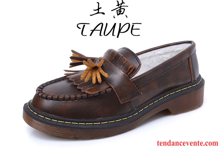 Mocassin Cuir Femme Pas Cher Printemps Vent D'université Derbies Bout Rond Plus De Velours Épais Angleterre Femme Tendance Étudiant Pompon Rétro L'automne Argent Pas Cher