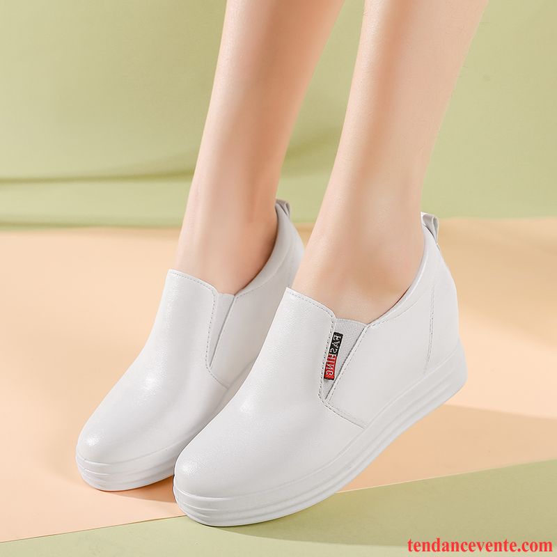 Mocassin Femme Blanc Décontractée Augmenté Blanc Talons Compensés Printemps Derbies Paresseux Slip-on Été Femme Semelle Épaisse