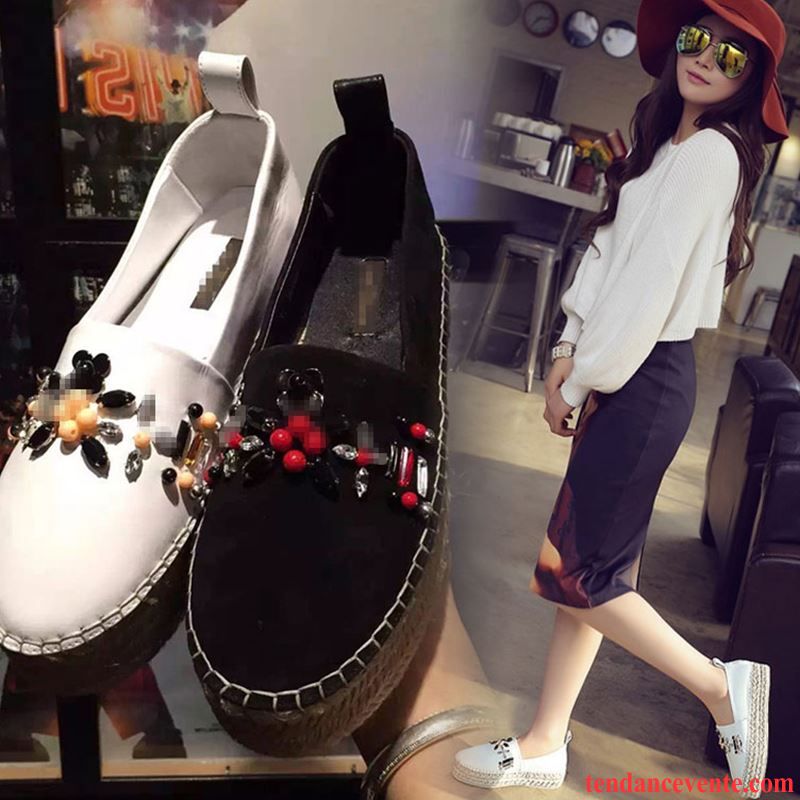 Mocassin Femme Cuir Souple Plates Femme Blanc Derbies Imitation Strass Paresseux Semelle Épaisse Pas Cher