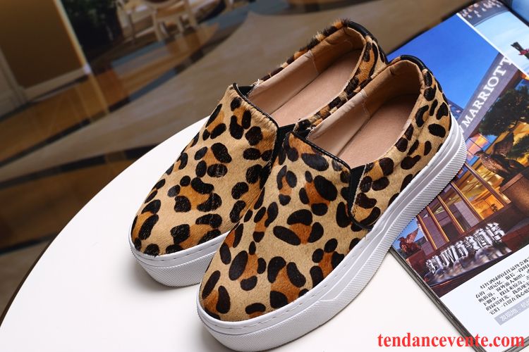 Mocassin Femme Noir Paresseux Derbies Cuir Véritable Plates Noir Été Semelle Épaisse Printemps Femme Slip-on Léopard Pérou