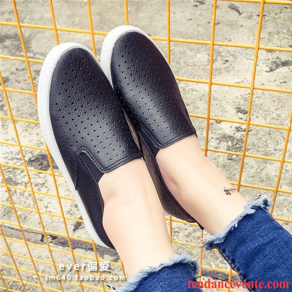 Mocassin Femme À Talon Toile Respirant Été Décontractée En Cuir Paresseux Blanc Femme Slip-on Plates Noir