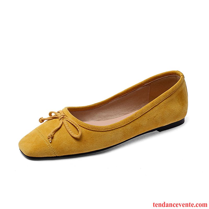 Mocassins Femme Délavé En Daim Plates Tête Carrée En Cuir Printemps Arc Jaune Clair