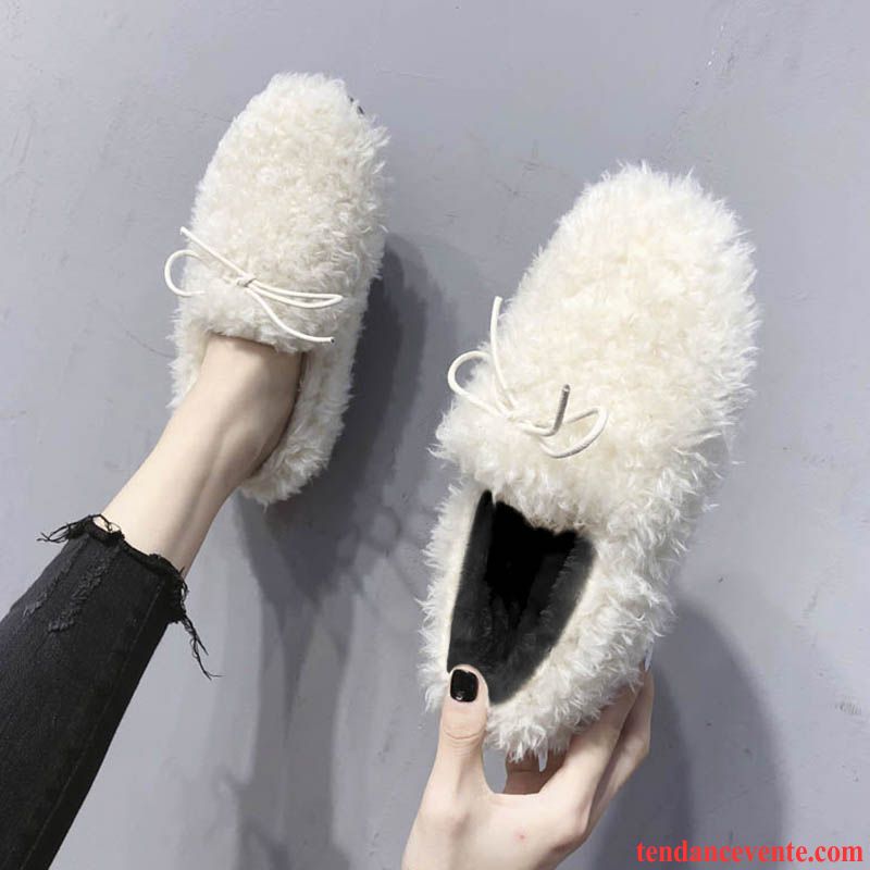 Mocassins Femme Slip-on Plus De Velours Hiver Arc Chaussures En Coton Blanc Noir