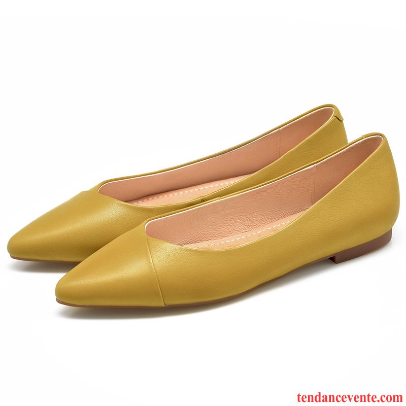 Mocassins Femme Slip-on Semelle Doux Pointe Pointue Derbies Cuir Véritable Été Jaune Clair