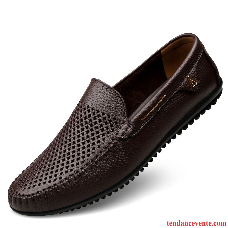 Mocassins Homme Creux Guipure Décontractée Semelle Doux Respirant Cuir Véritable Derbies Brun