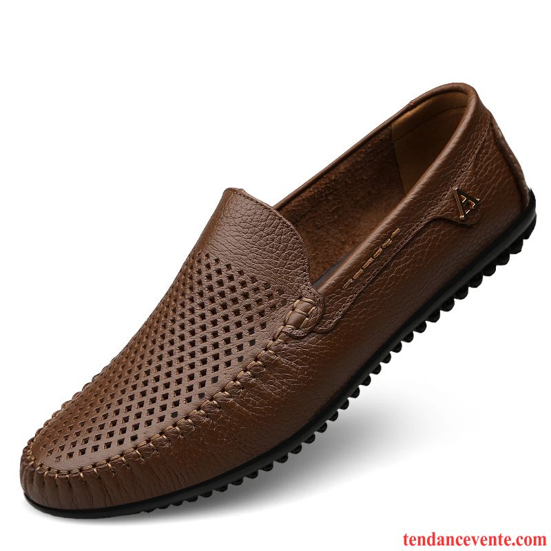 Mocassins Homme Creux Guipure Décontractée Semelle Doux Respirant Cuir Véritable Derbies Brun