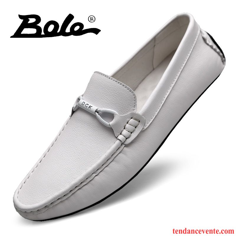 Mocassins Homme Cuir Véritable Décontractée Semelle Doux Été Paresseux Marque Blanc