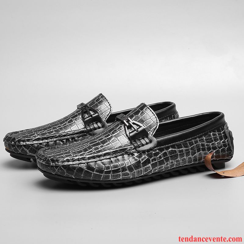 Mocassins Homme Derbies Cuir Véritable Slip-on Tendance Décontractée Paresseux Noir Argent