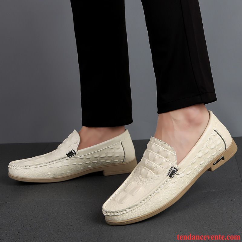 Mocassins Homme Derbies Décontractée Semelle Doux Été Paresseux Cuir Véritable Blanc