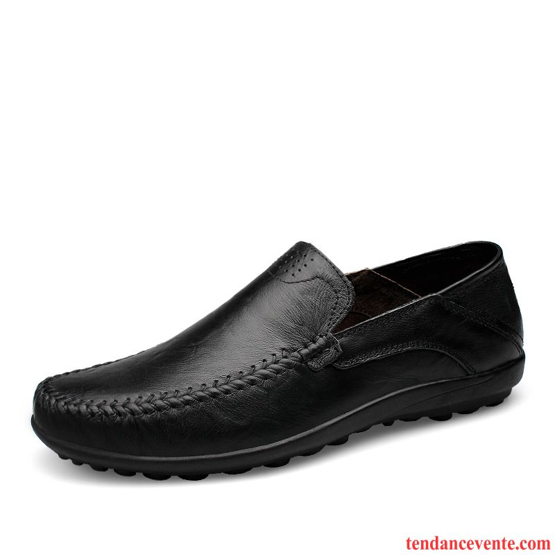 Mocassins Homme Derbies Été Respirant Creux Guipure Semelle Doux Cuir Véritable Noir