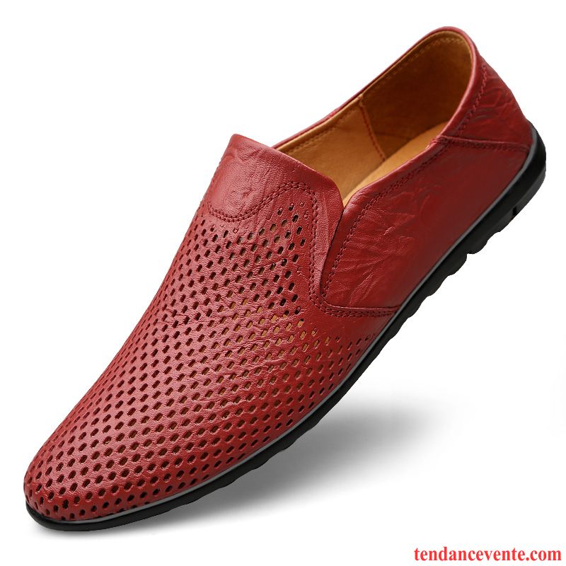 Mocassins Homme Décontractée Derbies Creux Guipure Taillissime Cuir Véritable Respirant Rouge