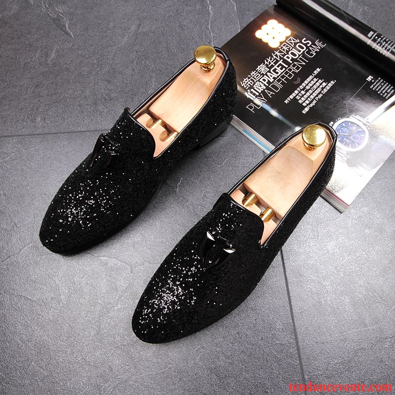 Mocassins Homme Paillette Derbies Paresseux Slip-on Pointe Pointue Augmenté Noir Or