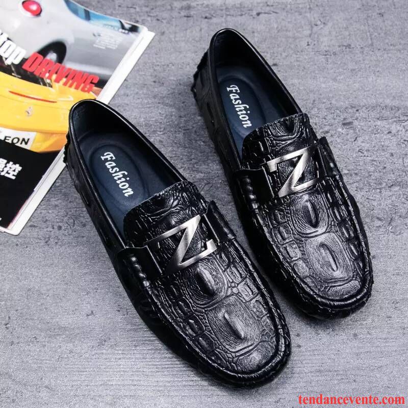 Mocassins Homme Paresseux Gros Tendance Personnalité Semelle Doux Cuir Véritable Noir