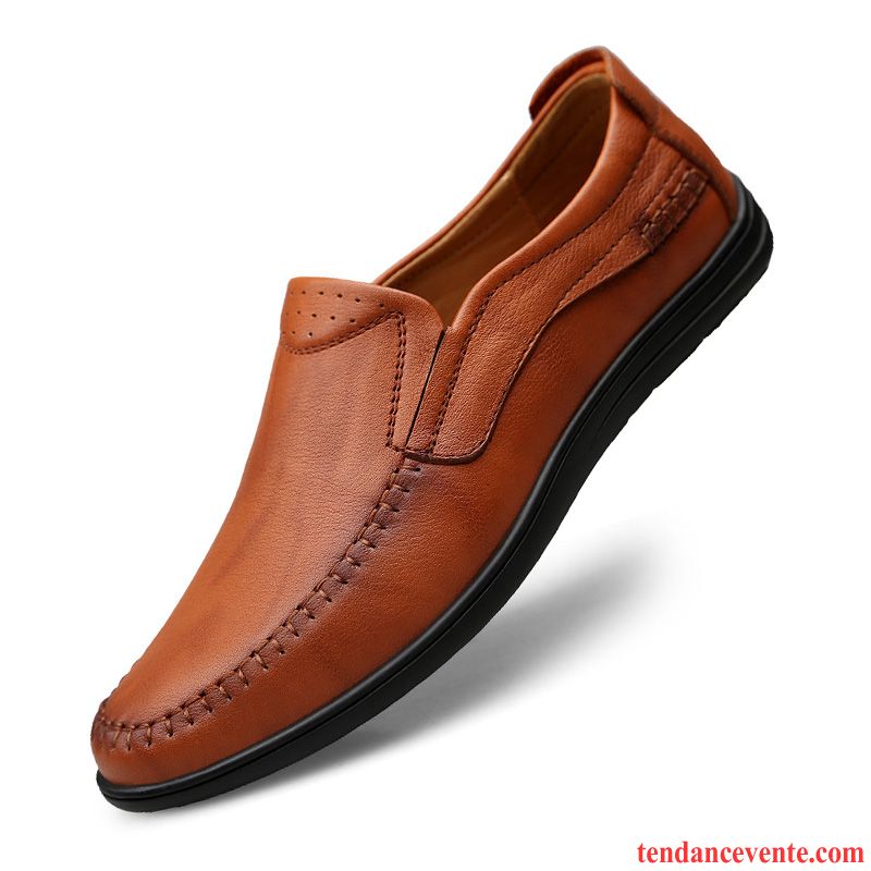 Mocassins Homme Printemps Dessus Cuir Décontractée Slip-on Respirant Cuir Véritable Brun