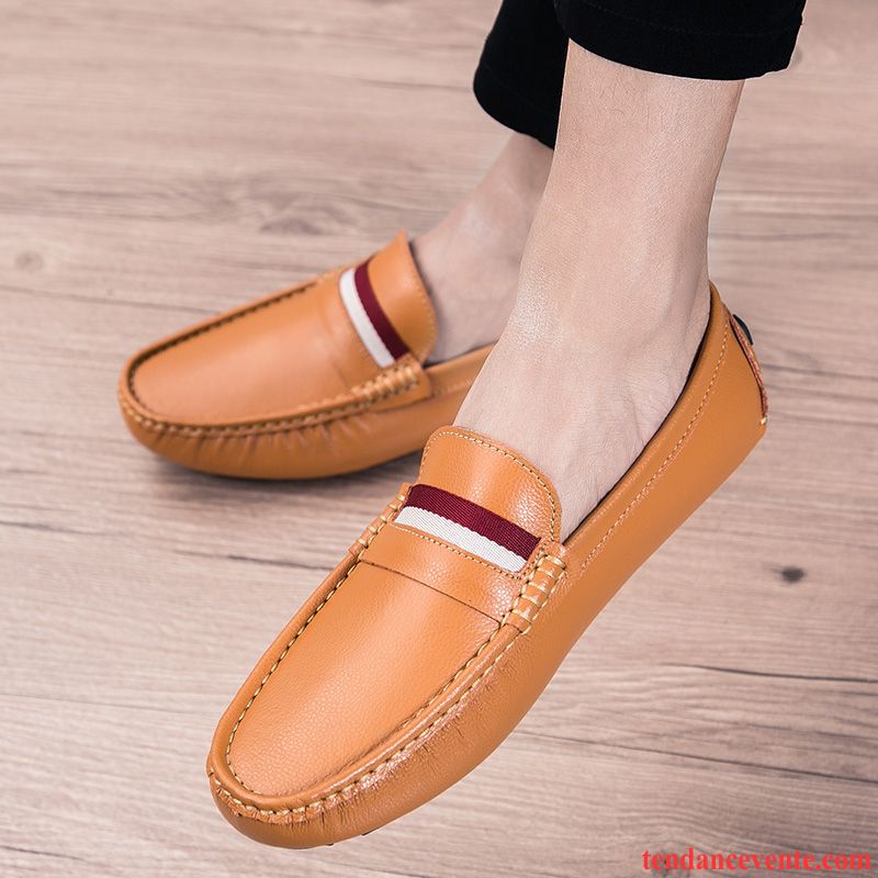 Mocassins Homme Semelle Doux Angleterre Tendance Cuir Véritable Confortable Décontractée Rouge Jaune Marron