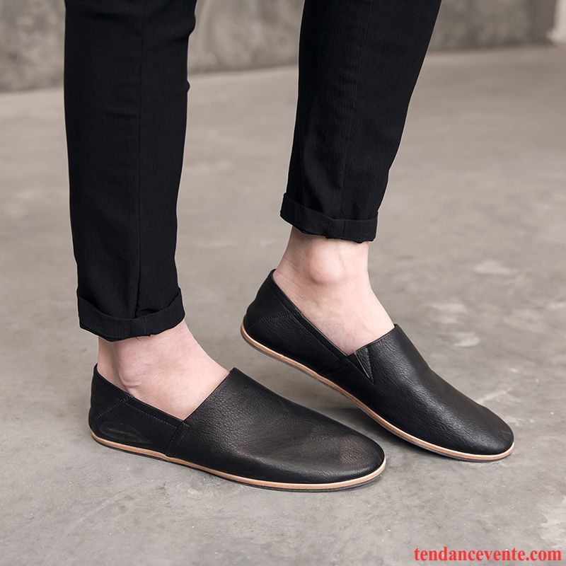 Mocassins Homme Slip-on Cuir Véritable Tendance Été Tous Les Assortis Angleterre Noir