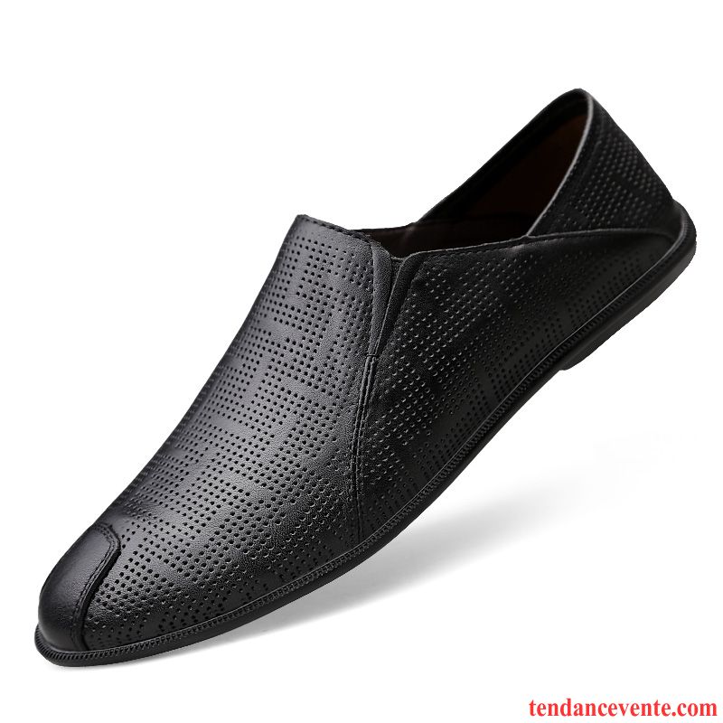 Mocassins Homme Été Légère Derbies Respirant Cuir Véritable Tendance Noir