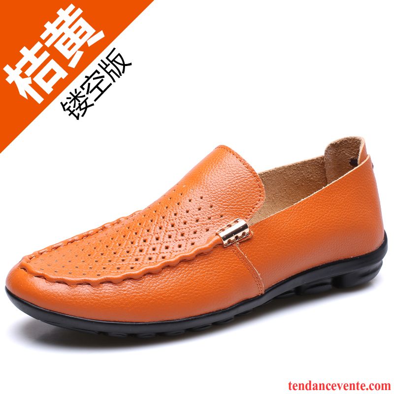 Mocassins Homme Été Orange Derbies Creux Guipure Tendance Cuir Véritable Jaune