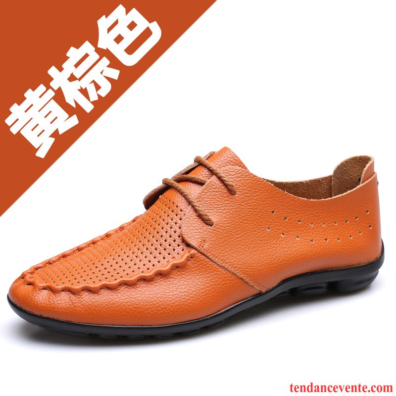 Mocassins Homme Été Orange Derbies Creux Guipure Tendance Cuir Véritable Jaune