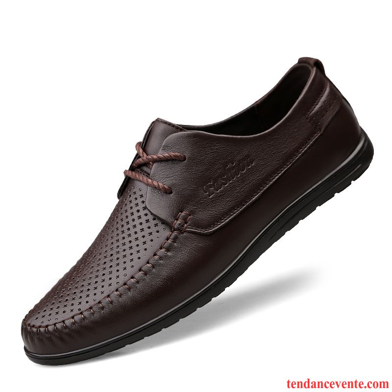 Mocassins Homme Été Tendance Respirant Paresseux Cuir Véritable En Cuir Marron