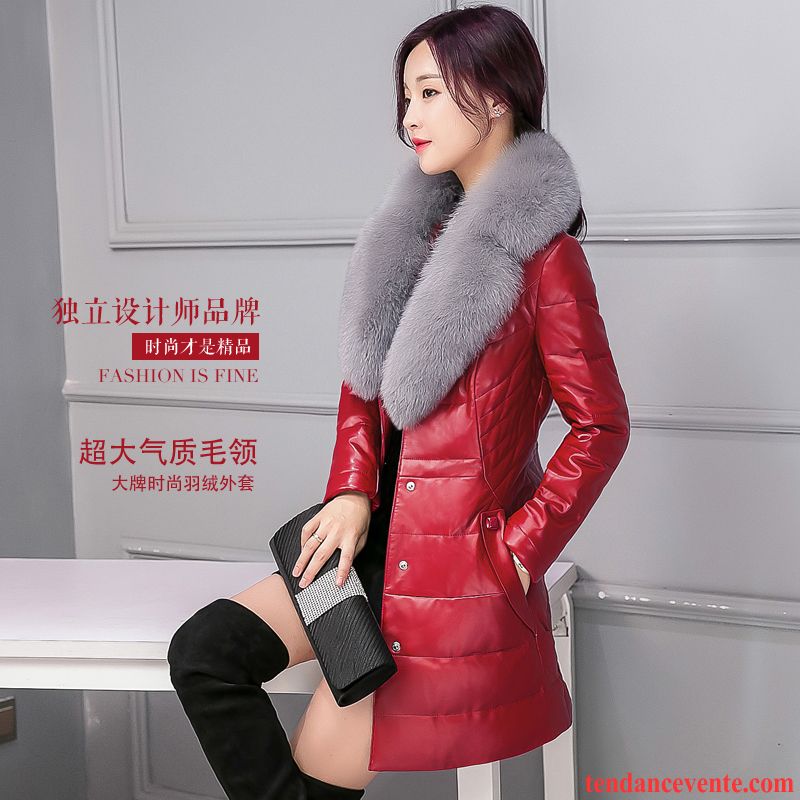 Mode En Cuir Femme Clearance À Vendre Pu Hiver Matelassé Col De Fourrure Longue Femme Pardessus Cuir Tomate Pas Cher