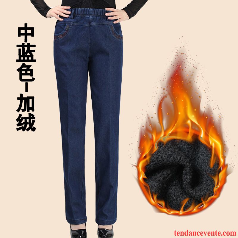 Ou Acheter Des Jeans Pas Cher Élastique Plus De Velours Renforcé Pantalon Matelassé Jambe Droite Femme Hiver Forme Haute Cintrée Bleu