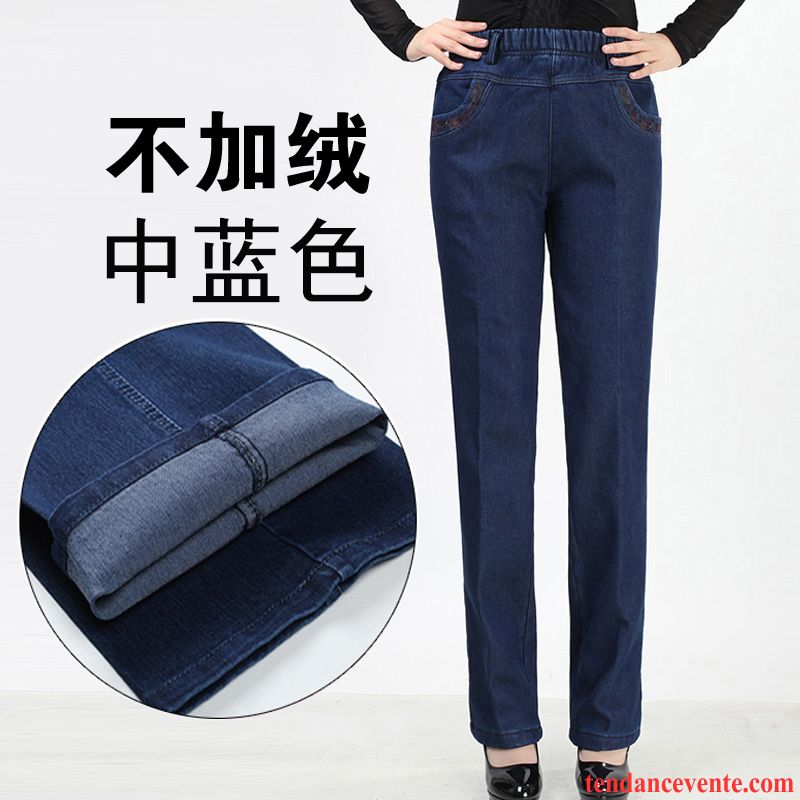 Ou Acheter Des Jeans Pas Cher Élastique Plus De Velours Renforcé Pantalon Matelassé Jambe Droite Femme Hiver Forme Haute Cintrée Bleu